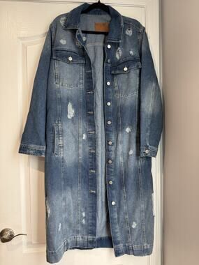 BBJ Los Angeles Womens Distressed Longline Denim Jean Duster Jacket Large Y2K